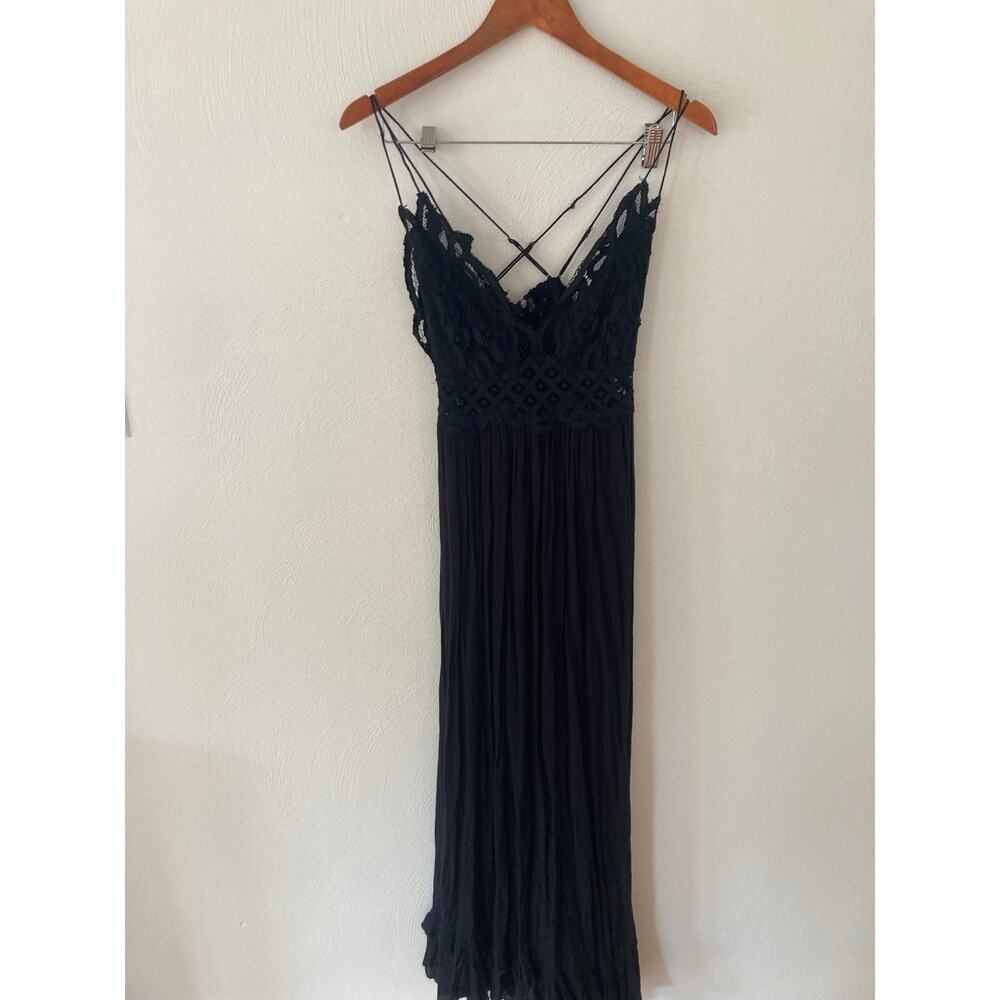Free People Adella Maxi Slip Dress Black Lace Boho Tiered Crochet Lace L - Picture 5 of 12
